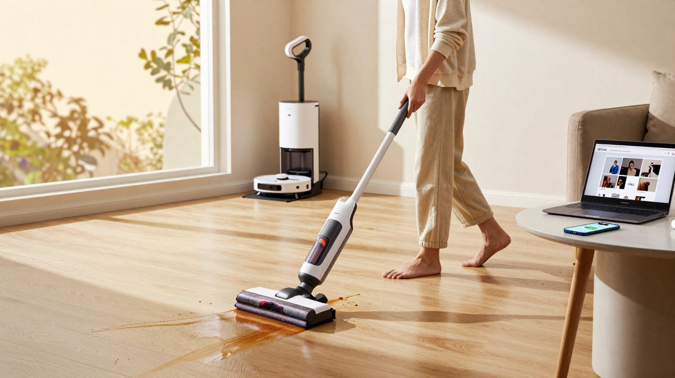 Person using a cordless vacuum cleaner to clean liquid spill on wooden floor in a bright living room.