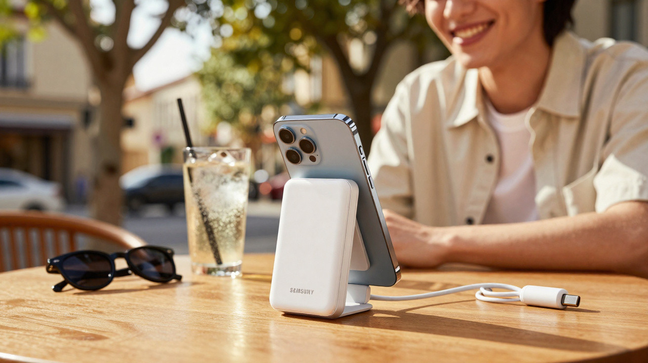 Smartphone on a Samsung wireless charger stand on a wooden table with sunglasses and a drink nearby.